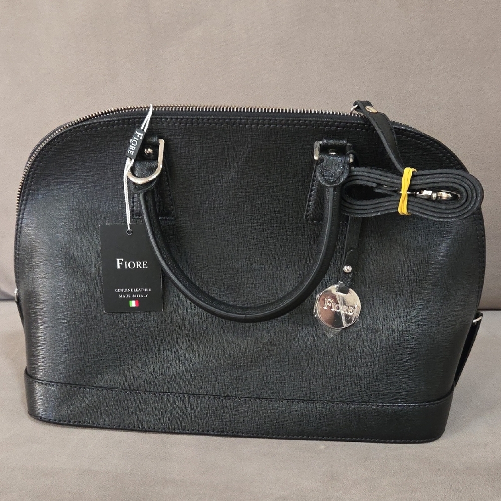 Classic Black Satchel Bag. Fiore Genuine Leather. Made In Italy.